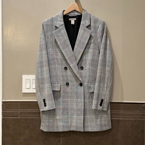 H&M Checked Pattern Double-Breasted Midi-Length Blazer Jacket (Grey/Black/White) - Picture 5 of 16